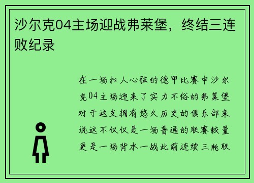 沙尔克04主场迎战弗莱堡，终结三连败纪录