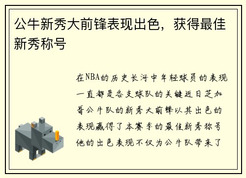 公牛新秀大前锋表现出色，获得最佳新秀称号
