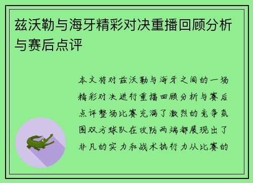 兹沃勒与海牙精彩对决重播回顾分析与赛后点评