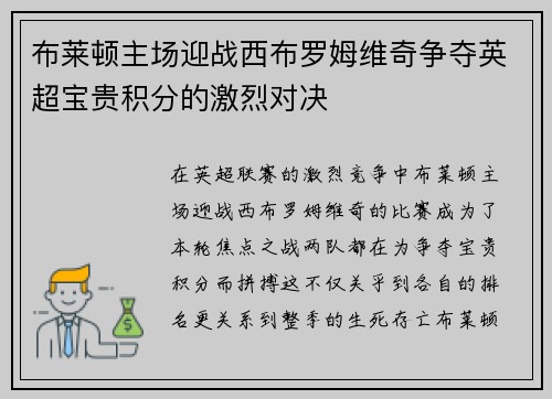 布莱顿主场迎战西布罗姆维奇争夺英超宝贵积分的激烈对决