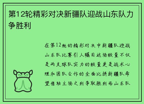 第12轮精彩对决新疆队迎战山东队力争胜利