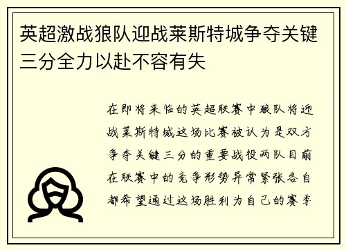 英超激战狼队迎战莱斯特城争夺关键三分全力以赴不容有失