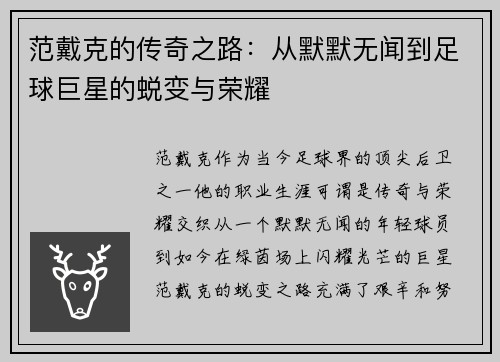 范戴克的传奇之路：从默默无闻到足球巨星的蜕变与荣耀