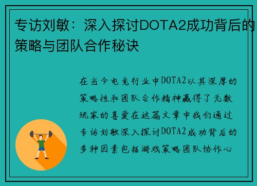 专访刘敏：深入探讨DOTA2成功背后的策略与团队合作秘诀