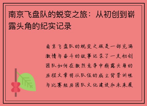 南京飞盘队的蜕变之旅：从初创到崭露头角的纪实记录