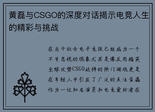 黄磊与CSGO的深度对话揭示电竞人生的精彩与挑战