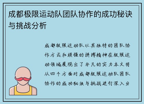 成都极限运动队团队协作的成功秘诀与挑战分析