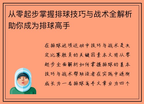 从零起步掌握排球技巧与战术全解析助你成为排球高手