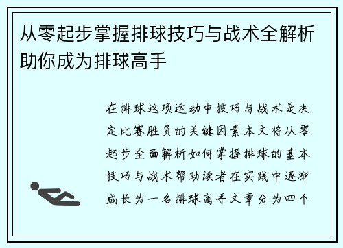从零起步掌握排球技巧与战术全解析助你成为排球高手