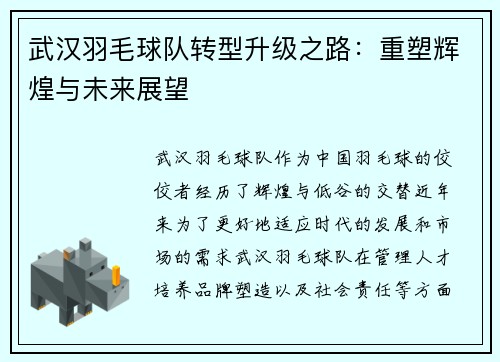 武汉羽毛球队转型升级之路：重塑辉煌与未来展望