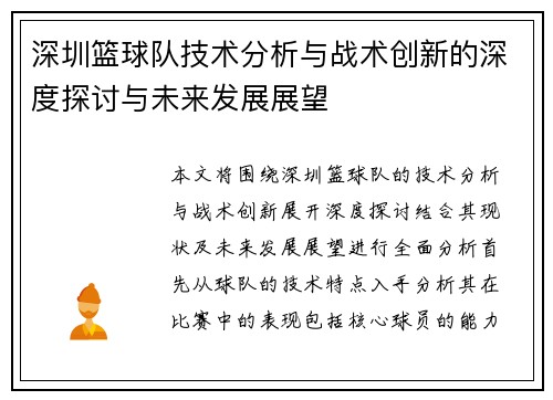 深圳篮球队技术分析与战术创新的深度探讨与未来发展展望