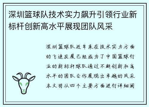 深圳篮球队技术实力飙升引领行业新标杆创新高水平展现团队风采